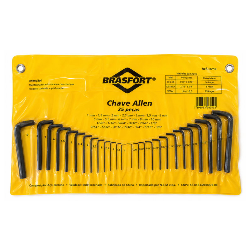 JOGO CHAVE ALLEN 25 PEÇAS BRASFORT 1MM A 10MM E 1/20 A 3/8