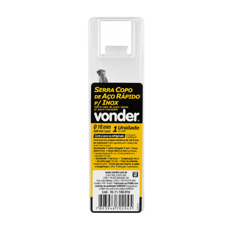SERRA COPO AÇO RÁPIDO PARA INOX 16MM VONDER