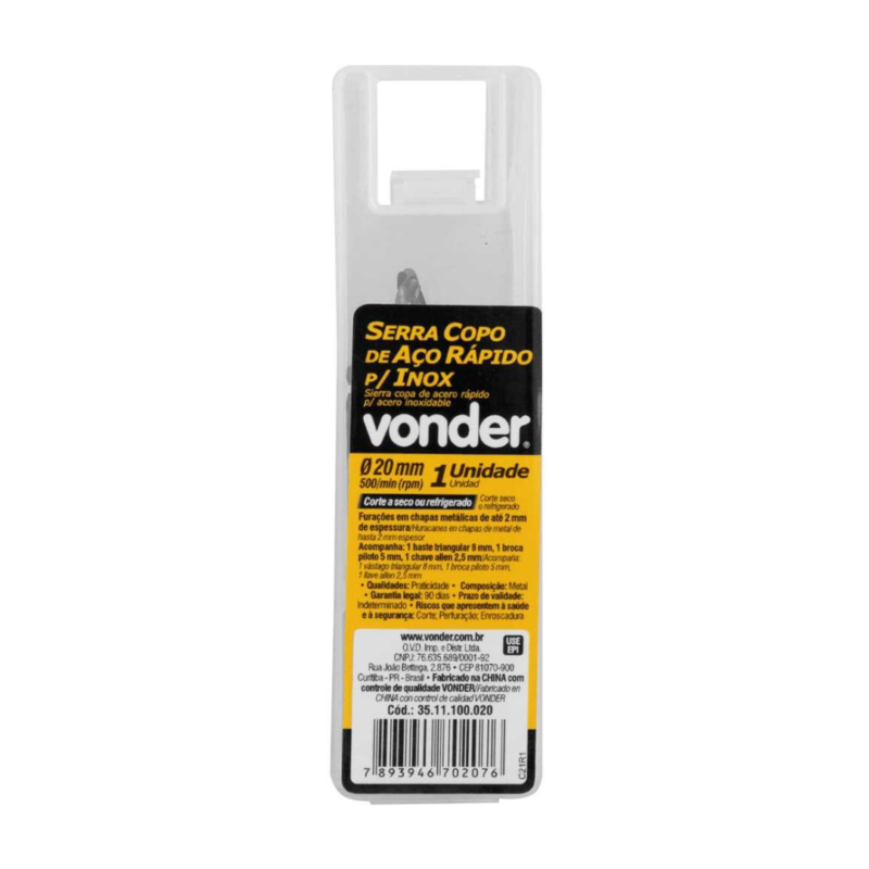SERRA COPO AÇO RÁPIDO PARA INOX 20MM VONDER